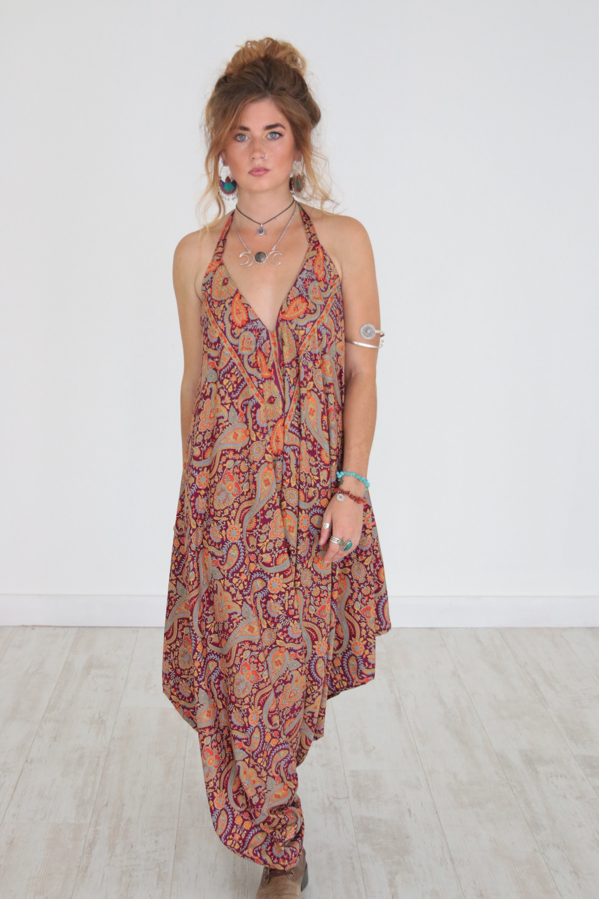 RETRO FLARE JUMPSUIT - Violet Paisley - Halterneck Harem jumpsuit ...