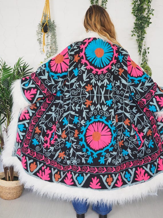 PENNY LANE AFGHAN-  Reversible Faux mongolian Shearling Coat - Vintage - Embroidered 70's Daisy Jones Jacket - Winter - Psychedelic Suzani