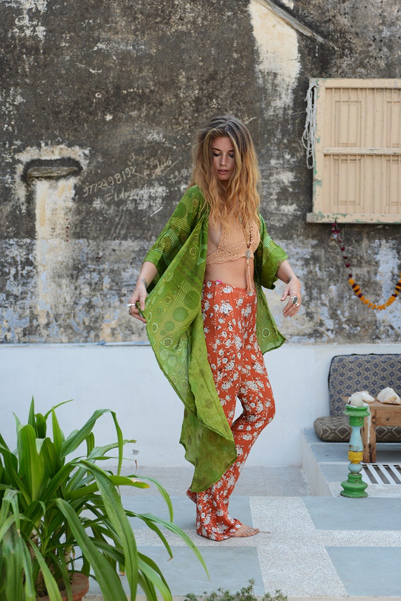 GREEN GLITTER KIMONO Asymmetrical Cover Up Beach Kaftan