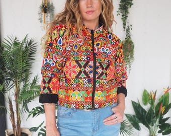 EMBROIDERED HIPPIE JACKET - Bomber jacket - Small Uk size 6-8 - Kids - Rainbow patchwork coat - Vintage rework - Only one available