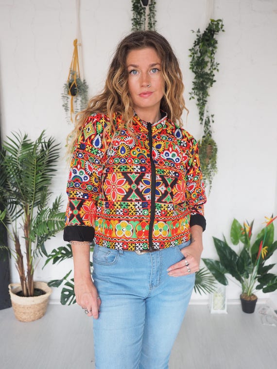 EMBROIDERED HIPPIE JACKET - Bomber jacket - Small Uk size 6-8 - Kids - Rainbow patchwork coat - Vintage rework - Only one available