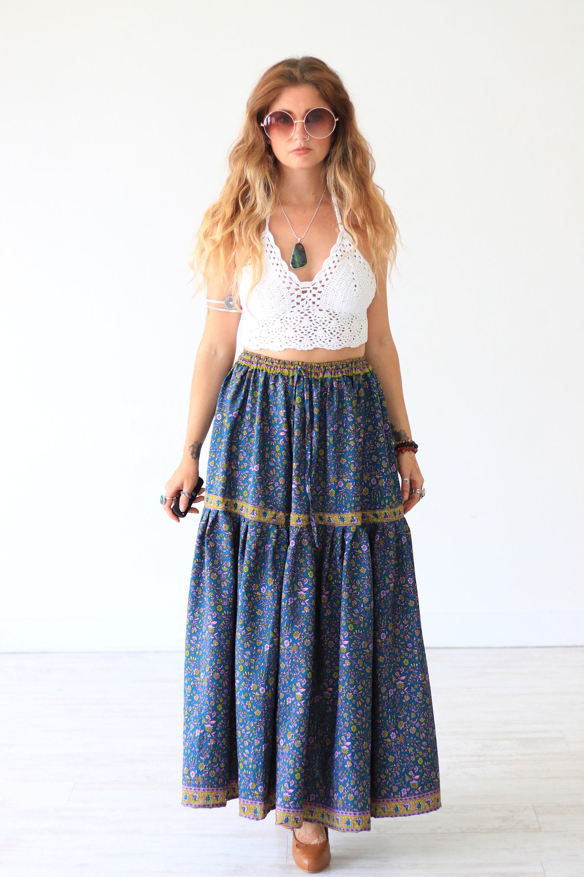 INDIAN LUXE SKIRT - Gypsy skirt - 70's Folk Dress - Floral Peasant - 60 ...
