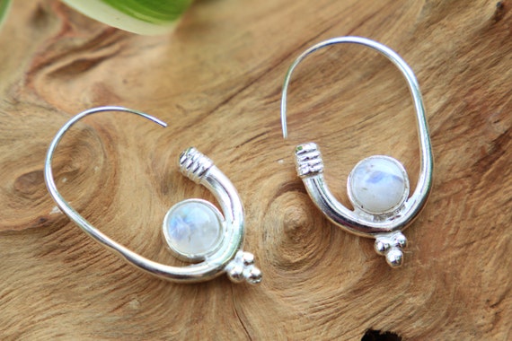 MOONSTONE HOOK EARRING - Silver Plated Earrings - Moonstone - Healing Crystal Jewellery - Boho - Vintage - Festival - Gift - Stocking Filler