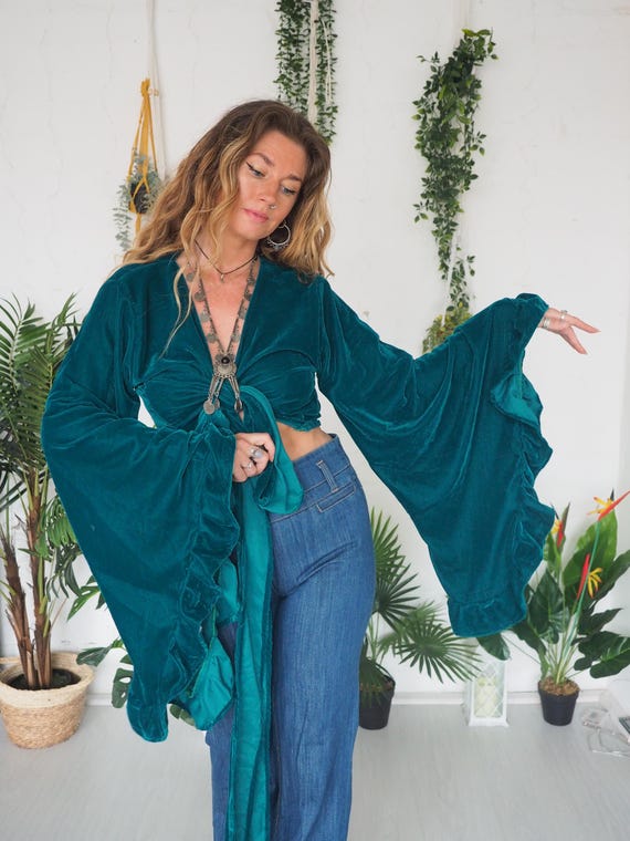 VELVET BATWING TOP - Green Multi style Wrap Top - Retro - 70s - 60'S - Velvet Kimono - Stevie Nicks - Daisy jones - Abba Boho