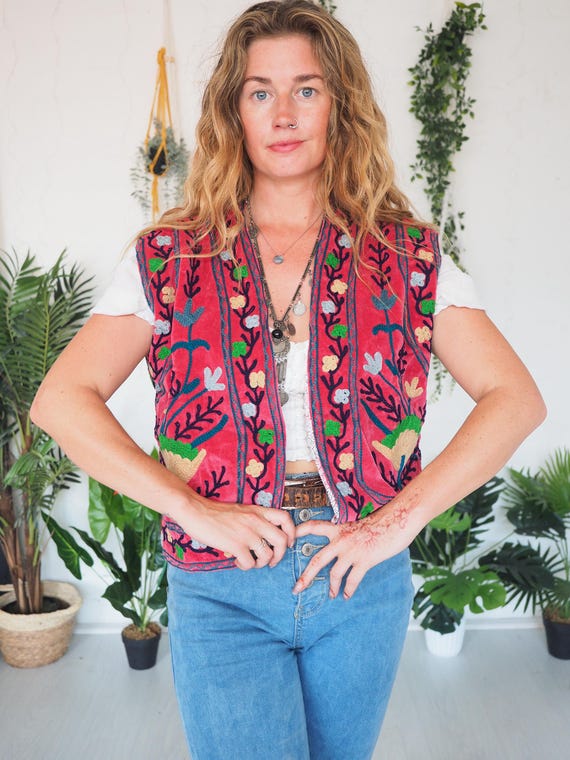 REVERSIBLE VELVET GILET - Embroidered Velvet Waistcoat – Vintage Boho Festival Vest (Uk 6-12) - Rockabilly - Spring