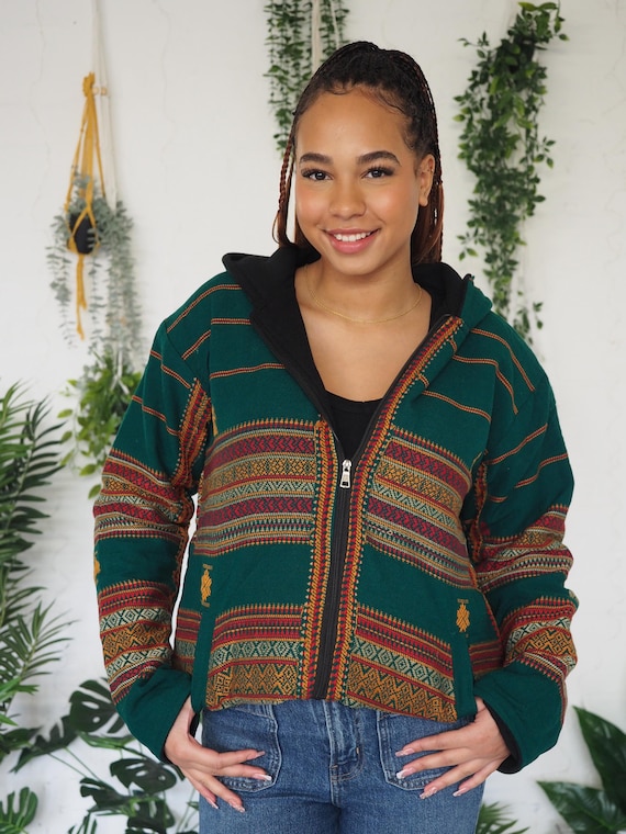 FLEECE HOODIE JACKET - Indian Cotton Coat - Thermal Unisex Bomber jacket - Recycled fabric - Winter Clothing - Vintage style - Casual Cosy