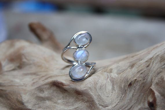 TRIPLE MOON RING - One size - Sterling silver ring - Moonstone - Moon Ring - Crystal - Gemstone - Semi Precious - Birthstone - Valentines