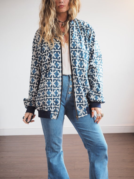 BLUE BOMBER JACKET - Lightweight Summer jacket - Indian Block print - Non Binary Coat - Single Layer Jacket - Eco - Slow Fashion - Vegan Ink