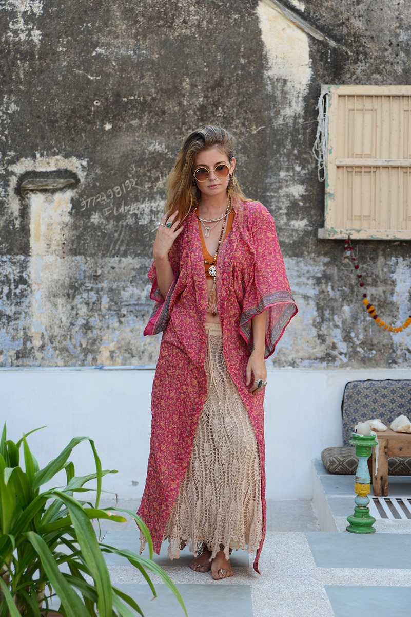 SUNSET ROSE KIMONO Full length Kaftan Beach Cover Up Summer