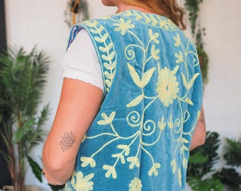CHALECO DE TERCIOPELO REVERSIBLE - Festival de Primavera Verano - Vintage reinventado - Chaleco boho de los 60 y 70 - Grunge de los 90 - Chaleco boho bordado