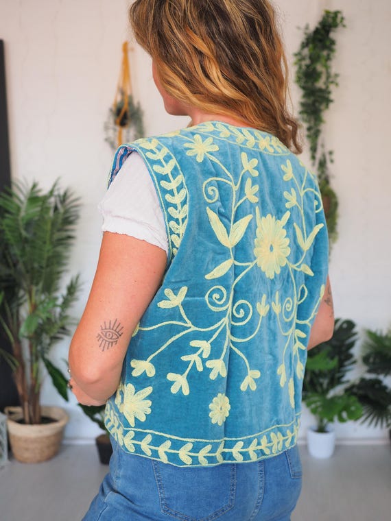 REVERSIBLE VELVET VEST - Spring Summer Festival - Re-worked Vintage  - 60's 70's Bohemian Gilet - 90's Grunge - Embroidered Boho Waistcoat