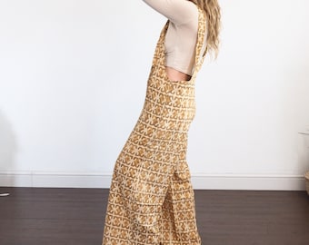 BIO-BAUMWOLL-OVERALL - Senf Ruby Sparrow-Block-Print-Latzhose - Weiche, leichte Baumwolle - Lucy und Yak Unisex-Stil - Lässige Mom Jeans