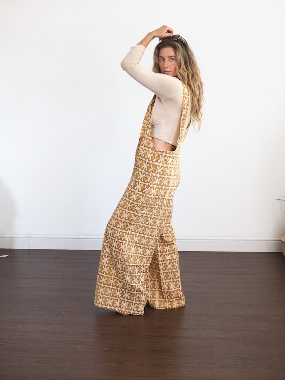 ORGANIC COTTON OVERALLS - Mustard Ruby Sparrow Block Print Dungarees - Soft Lightweight Cotton - Lucy and Yak unisex Style - Casual Mom Jean