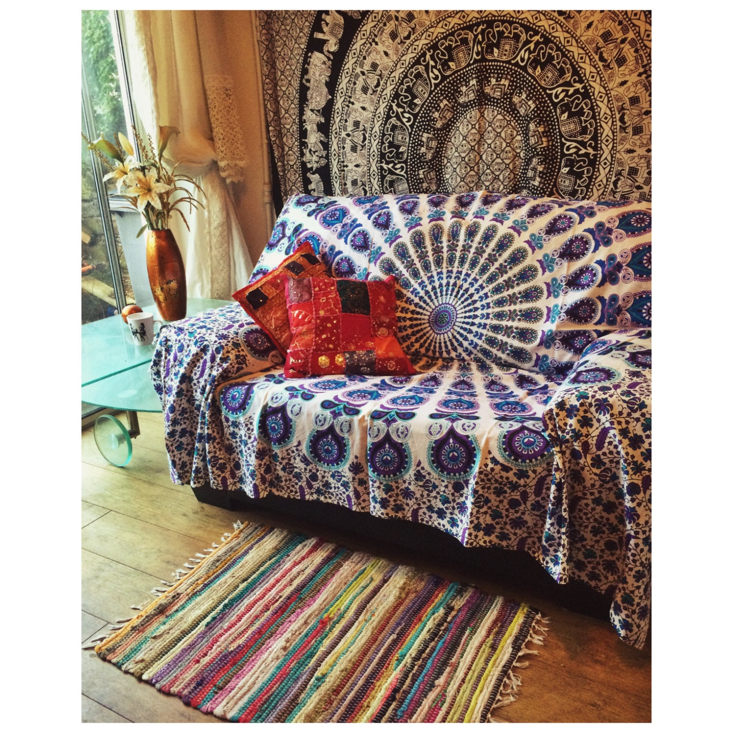 BLACK ELEPHANT THROW Mandala Wall Hanging Bohemian Throw Bed Sheet