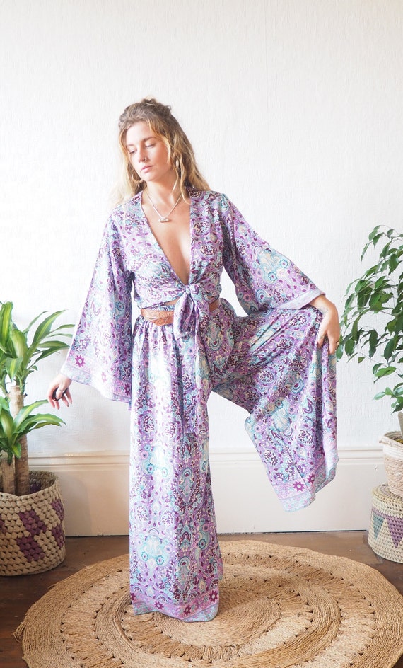 PURPLE GODDESS SET - Silk Bell sleeve & Trouser set - Co-ord set - Flared Jumpsuit - Wide leg flares - 70's Jumpsuit - Pyjamas - Lounge wear