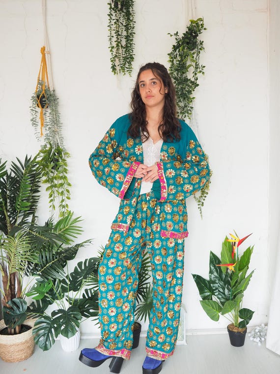 SEQUIN SILK 2 PIECE - Boho Festival Co-ord - Sequin Kimono & Pants Set - Mirror Work - Vintage Silk - Indian Wedding Outfit - Summer