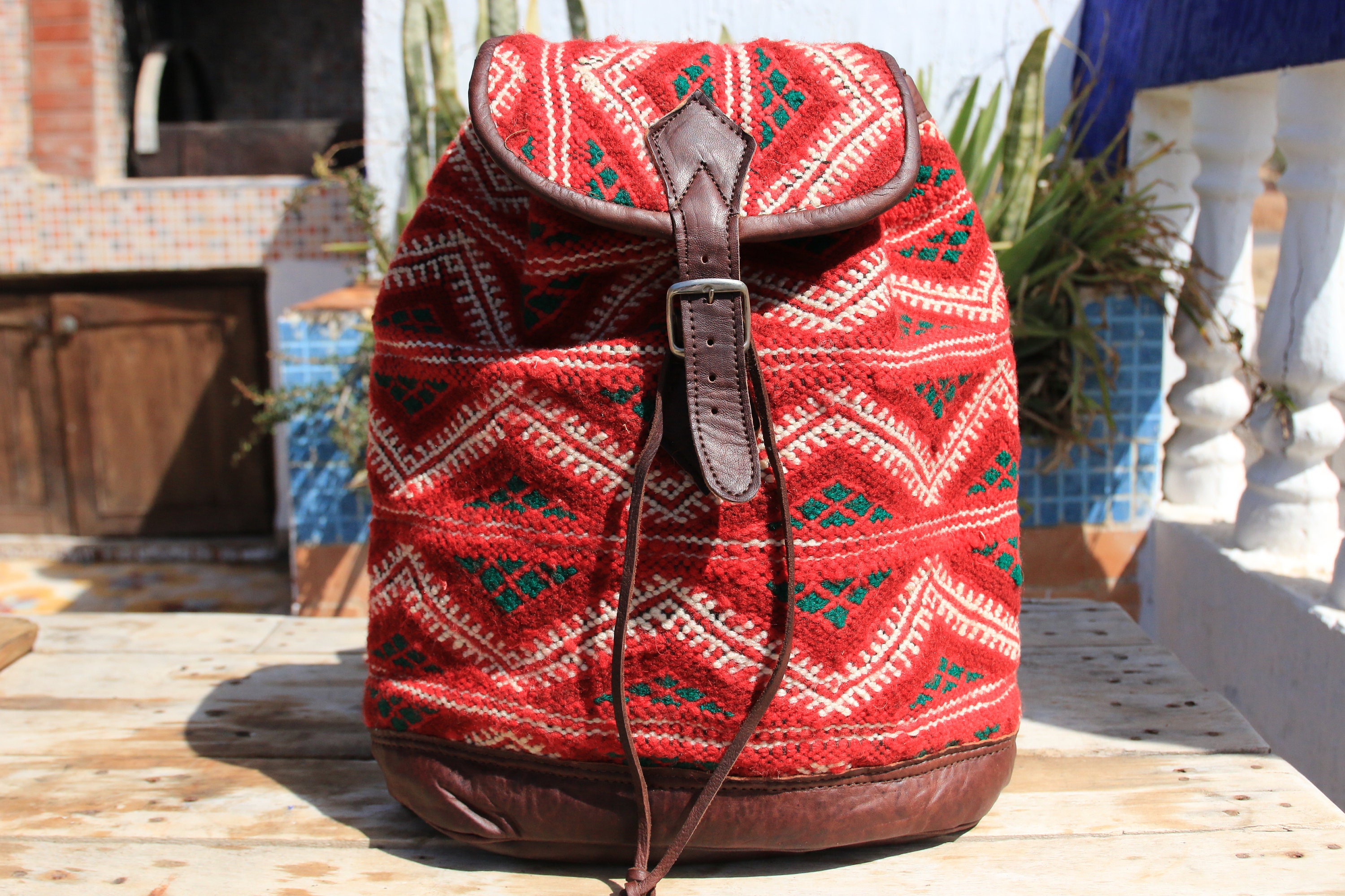 LARGE KILIM RUCKSACK Vintage Hippie Boho Backpack Aztec Bag Moroccan Leather rucksack Student Gift 70 s Retro Carpet Bag