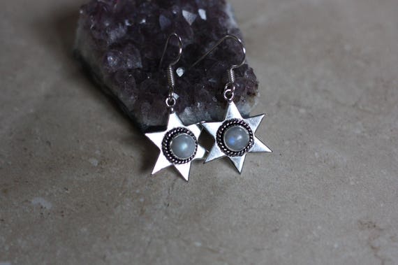 MOONSTONE STAR EARRINGS - Oxodised Silver Earrings - Moonstone - Healing Crystal Jewellery - Chakra Earrings - Boho - Vintage - Festival