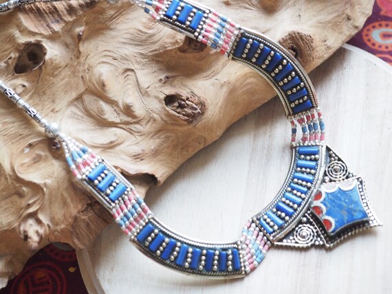 LAPIS LAZULI NECKLACE - Statement Tibetan - Coral - Nepali - Buddhist - Tibet Jewellery - Semi Precious - Gift - Bespoke - Choker - Mosaic