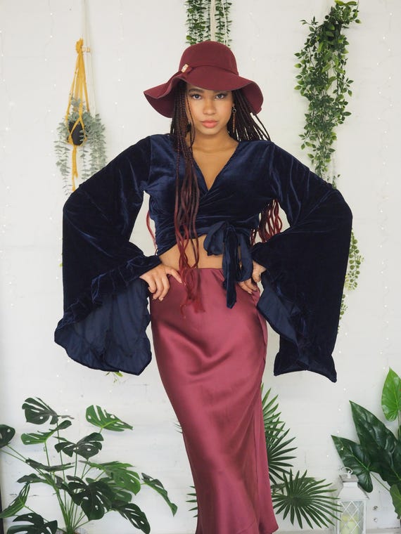 VELVET BELL SLEEVE - Hippie Wrap Top - Retro - 70s - 60'S - Velvet Kimono Top - Stevie Nicks - Witch - Winter Hippie Top - Abba - Dancer