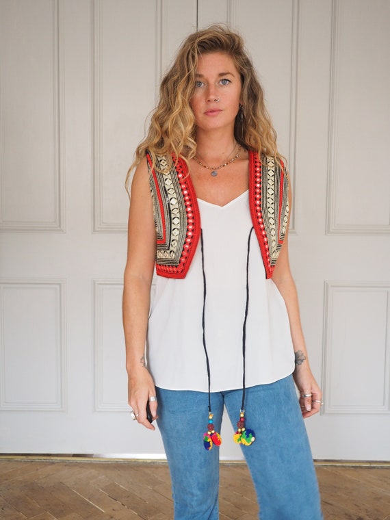 EMBROIDERED MIRROR WAISTCOAT - Indian Vest - Cotton - Pom pom Tassel - Vintage Gilet - Aladdin - Hippie shake - Zara - Mexican Embroidery