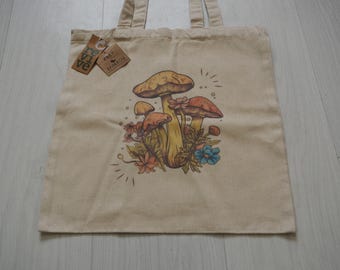 The MUSHROOM - Tote bag - Hand printed - Soft Organic cotton  - Psychedelic - Mushrooms - 70s - 60's - Retro - Handmade Gift