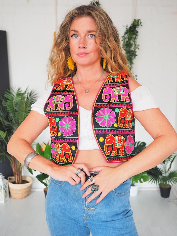 AMAZING EMBROIDERED WAISTCOAT - Traditional Indian Silk thread Vest - Tassels - Folk style - Mexican - Neon - Festival - Embroidery