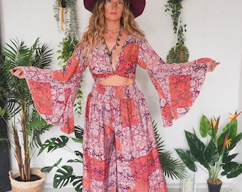 CONJUNTO DE SEDA VINTAGE - Conjunto de pantalón de 2 piezas en mezcla de seda - Mono con mangas acampanadas - Pantalón palazzo acampanado - Pierna ancha - Conjunto a juego - Años 60 Conjunto de pantalón a juego