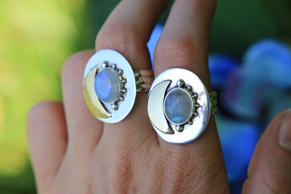 MOONSTONE MOON RING - Bespoke Sterling Silver Ring - Magic Moon - Brass Moon Jewelry - Crystal Moon Ring - Healing Crystal Chakra - Stars