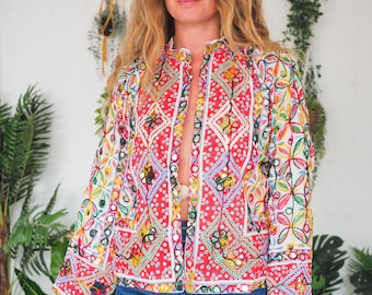 CHAQUETA CON ESTAMPADO DE ESPEJO INDIO - Tela vintage de los años 60 y 70 - Retro - Beatles - Camisa ligera de algodón - Bordado de lentejuelas - Chaqueta blanca estilo boho