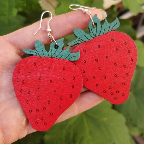 STATEMENT STRAWBERRY EARRINGS - Summer - Flower Power - plant power - Hand painted - Reclaimed wood earrings - Laser cut - Eco Gift - hippie