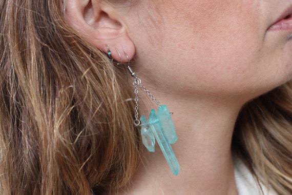 Healing crystal Sale Crystal earrings Gems BLUE AURA EARRINGS Yoga Silver Plated Earrings Gift Rainbow Dangle Earrings