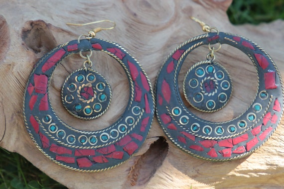 CORAL CHIP EARRINGS - Vintage - Handmade - Bespoke - Tribal - Mosaic - Gypsy - One of a Kind - Statement - Festival - Indian - Tibetan