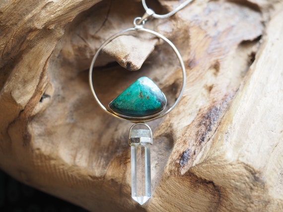 CHRYSOCOLLA & QUARTZ NECKLACE - 925 Sterling Silver Necklace - Chakra Jewellery - Reiki Healing Crystal - Navajo Turquoise - Spiritual Gift