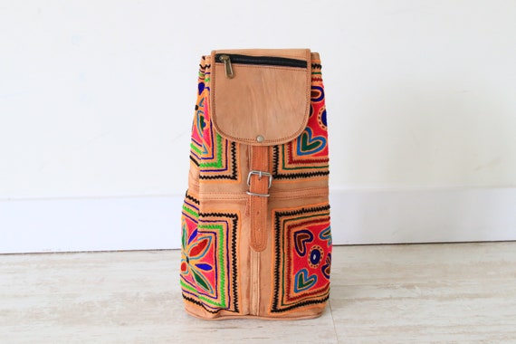 EMBROIDERED INDIAN BACKPACK - Vintage Leather Rucksacke - Bohemian - Back to school - Funky Rainbow bag - Recycled Leather - Travel Gift