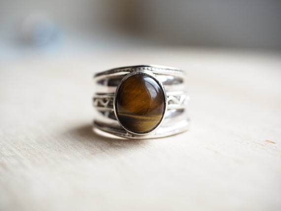 UNISEX TIGER EYE - Adjustable tigers eye ring - 925 Chunky Silver - Crystal ring - Vintage style - Men's jewellery - Protection gift - Earth
