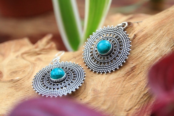 VINTAGE STYLE EARRINGS - Turquoise Silver Plated Earrings - Bohemian Healing Crystal jewelry - Oxidised Antique feel - Stocking Filler Gift