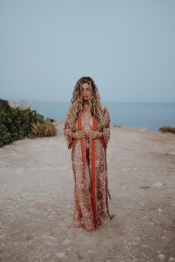 GOLDEN GODDESS KIMONO - Luxury Jacket - Maxi Dress - Cape - Cover Up - Ruby Sparrow Kaftan - Vintage - Longline Dressing Gown - Free People