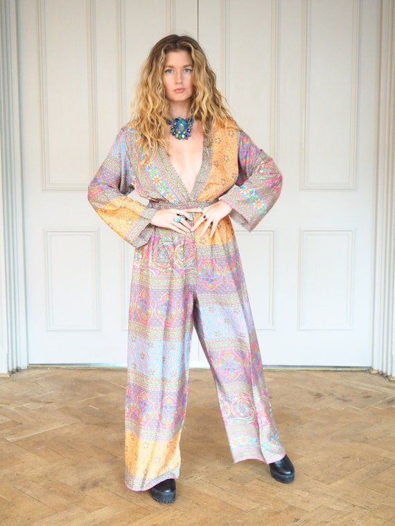 PAISLEY BARDOT JUMPSUIT - Bootcut boiler suit - Recycled Silk - 70's 60's - Gunne Sax Style Trouser - Boho Christmas - Stevie Nicks - Retro