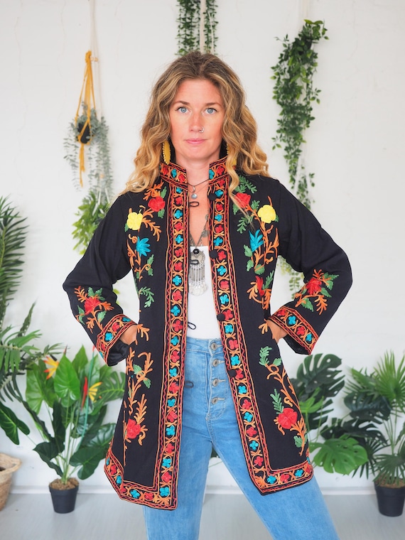 BLACK KASHMIRI JACKET - 60's 70's - Vintage Shirt - Retro Beatles - Sgt Pepper Coat - Embroidered Tunic - Mini Dress - Lightweight