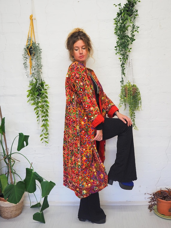 MULTI KIMONO LONG - Cotton Jacket - Indian Mirror work - Sequin - Lightweight Coat - Embroidered Jacket - Kaftan - Vintage Reworked - Hippie
