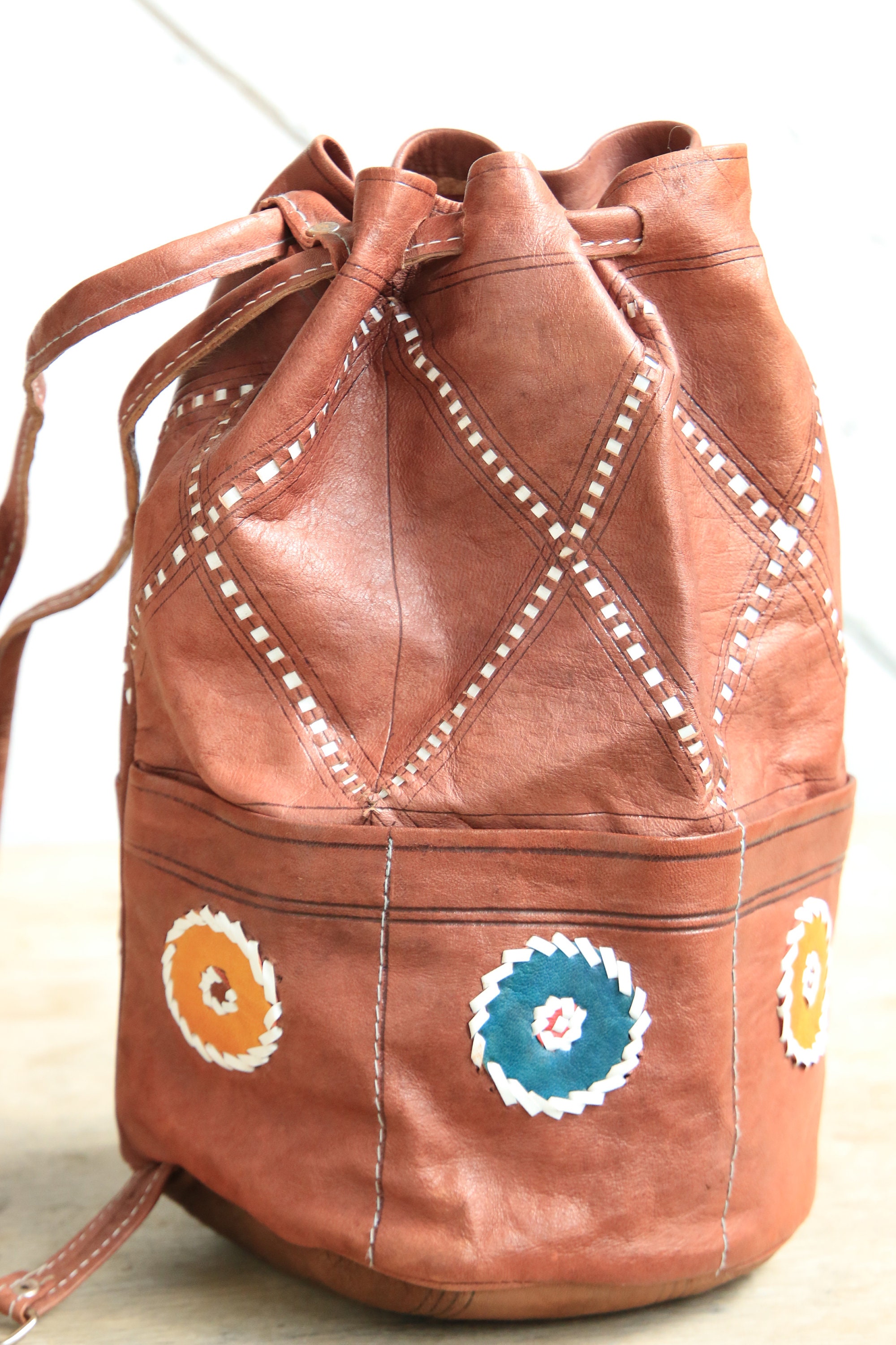 VINTAGE LEATHER BAG Brown Handbag Leather Bucket Bag Moroccan