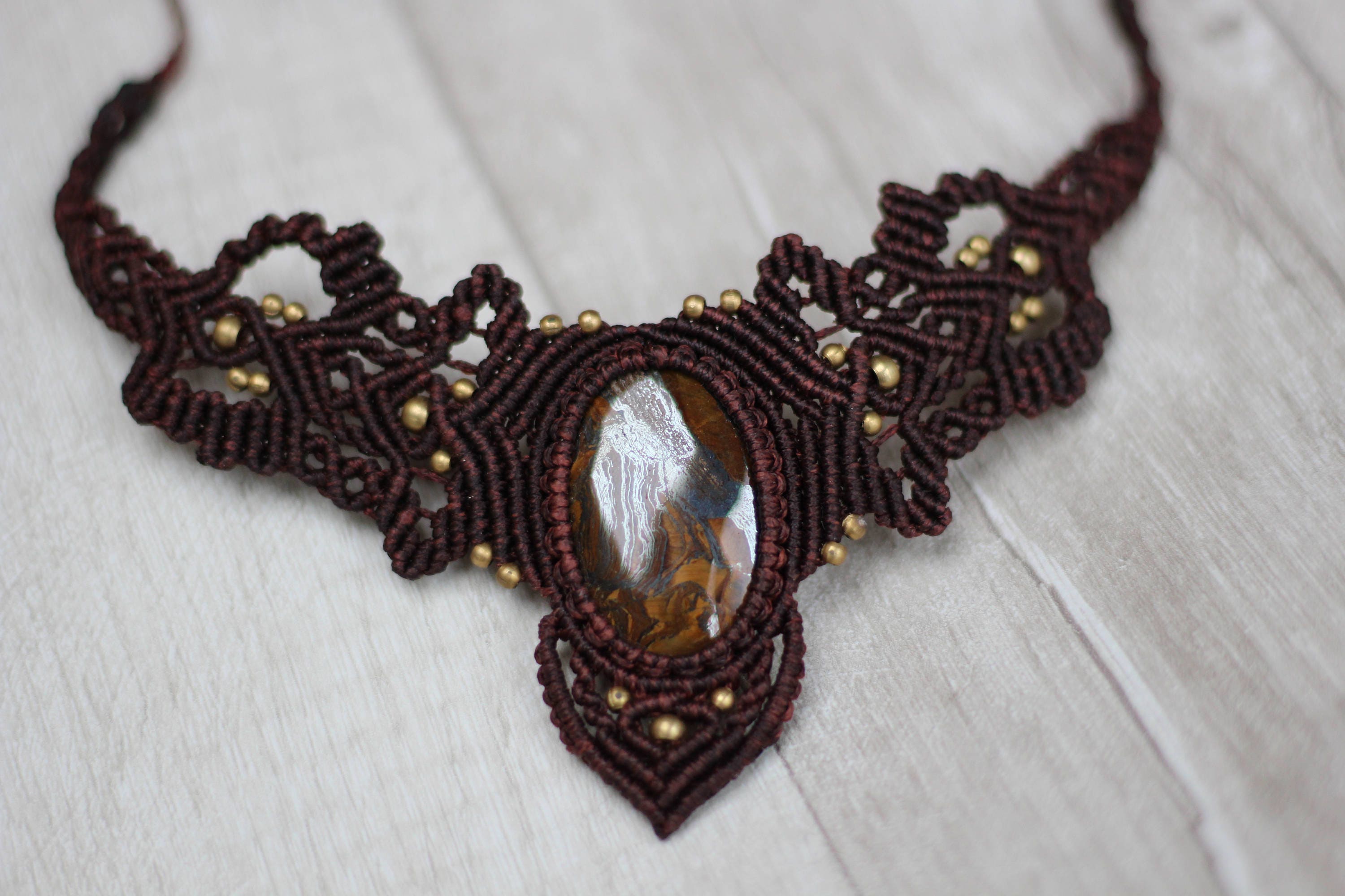 STATEMENT MACRAME CHOKER - Tiger eye Necklace - Gift - Crystal Choker ...