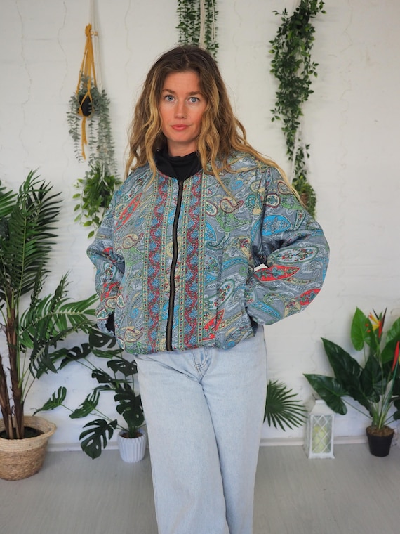 SILK BOMBER JACKET - Paisley Coat - Thermal - Recycled fabric - Unisex Clothing - Vintage style Fleece - Thick Cotton - Non Binary Hoodie