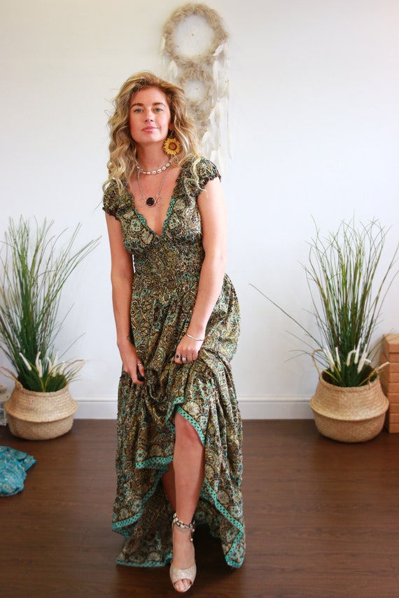 PAISLEY ESMERELDA DRESS - 60's 70's folk - Ruffle skirt - Peasant dress - Flamenco Gypsy - Prom - Breast feeding Dress - Reversible boho