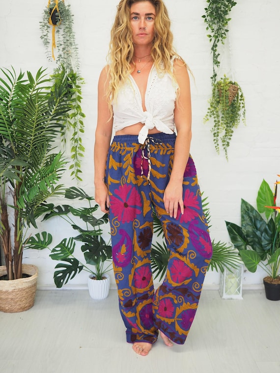 EMBROIDERED COTTON PANTS - Linen Embroidery - Autumn Trousers - Hippie - Beach - Boho Blue Joggers - Casual Comfy Mens Pants - Unisex