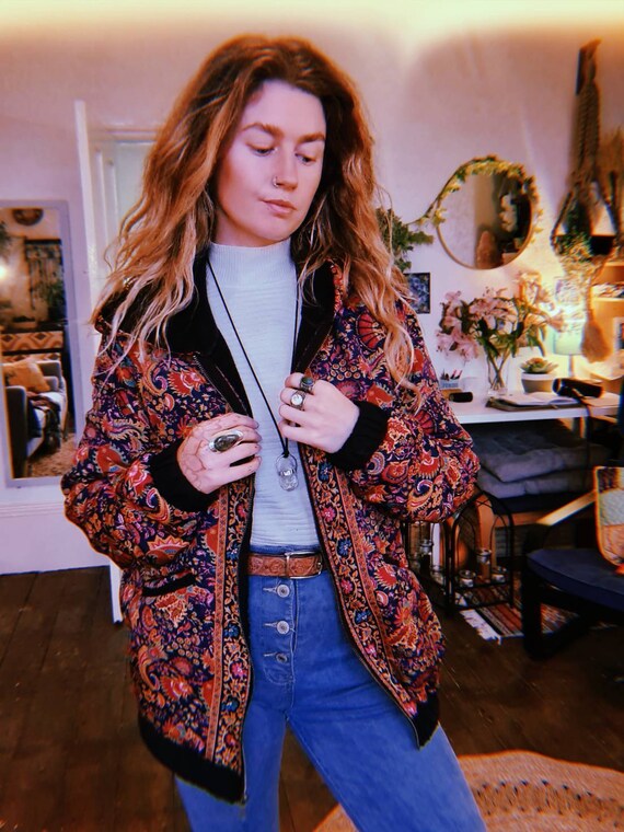 FLEECE BOMBER JACKET - Indian Silk - Paisley Coat - Thermal - Petite - Uk 8-12 - Recycled fabric - Unisex Clothing - Vintage style jacket
