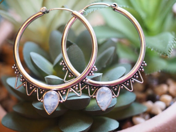 STATEMENT MOONSTONE EARRINGS - Large 925 Sterling Silver - Light - Vintage Inspired - Boho Gift - Gemstone Jewelry - Tribal - Gothic Style