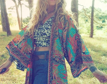 MAXI KIMONO - Mit Taschen! Lange Hippie Jacke - Seide Viskose Cover Up - Kaftan - Vintage 70er - 60er Morgenmantel - Gunne Sax style