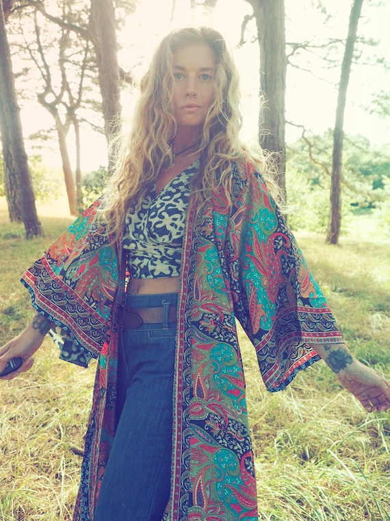 MAXI KIMONO - With pockets! Long Hippie Jacket - Silk viscose Cover Up - Kaftan - Vintage 70's - 60's Dressing Gown - Gunne Sax style